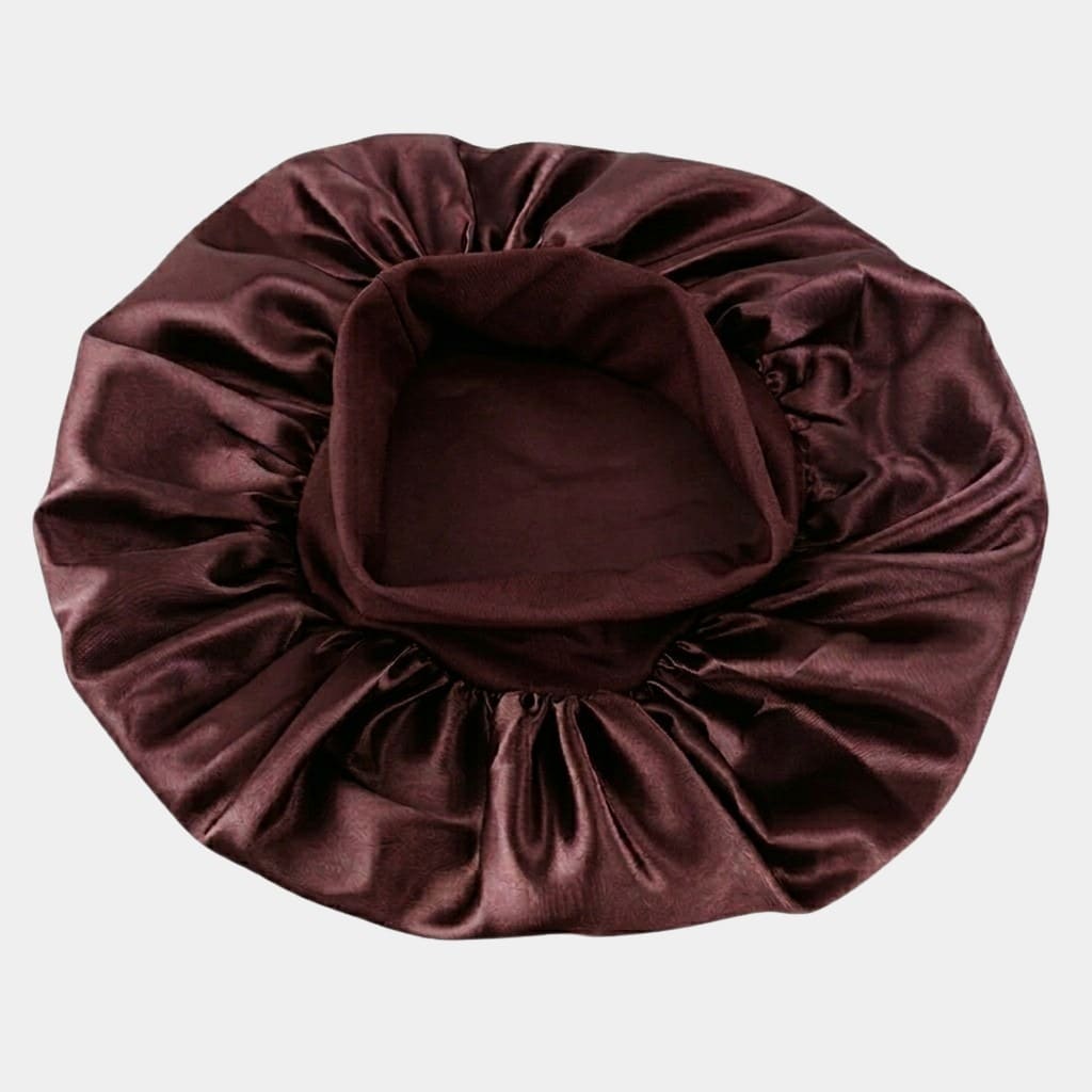 Bonnet de nuit en satin café avec bandeau