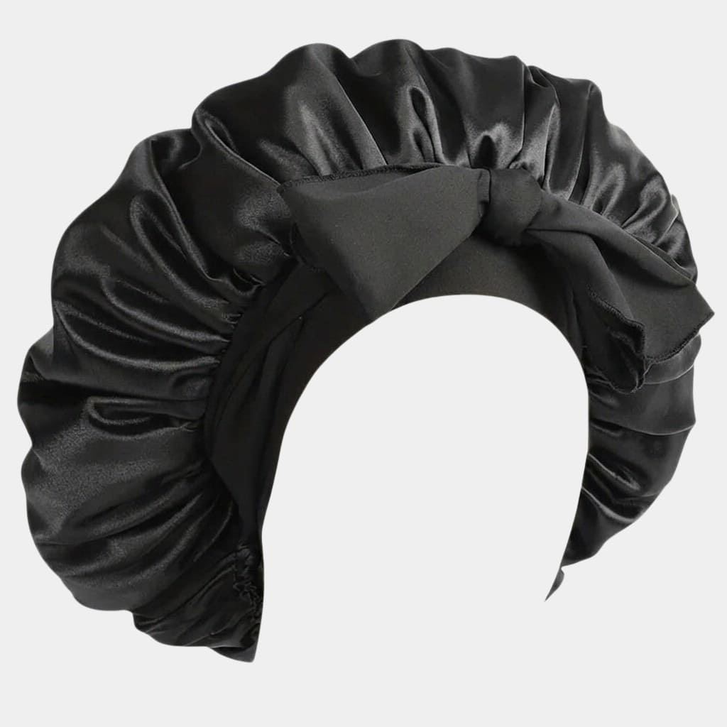 Bonnet de nuit en satin noir avec nœud ajustable