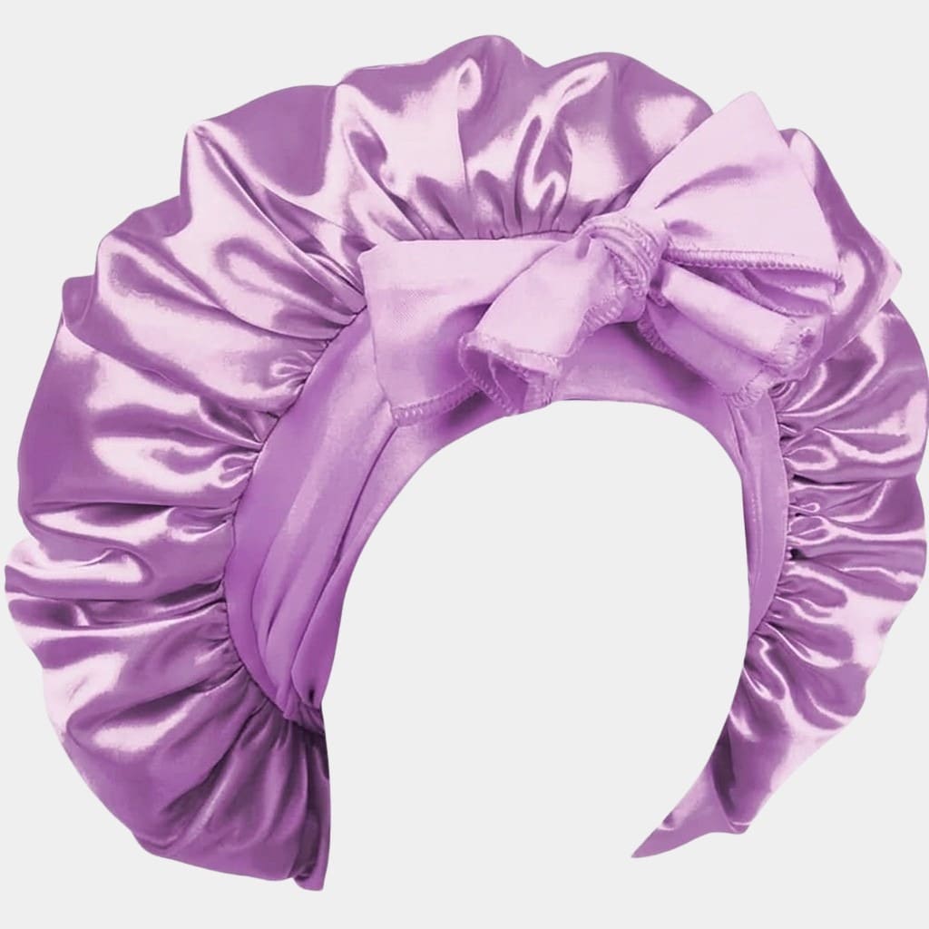 Bonnet de nuit en satin violet clair avec nœud ajustable