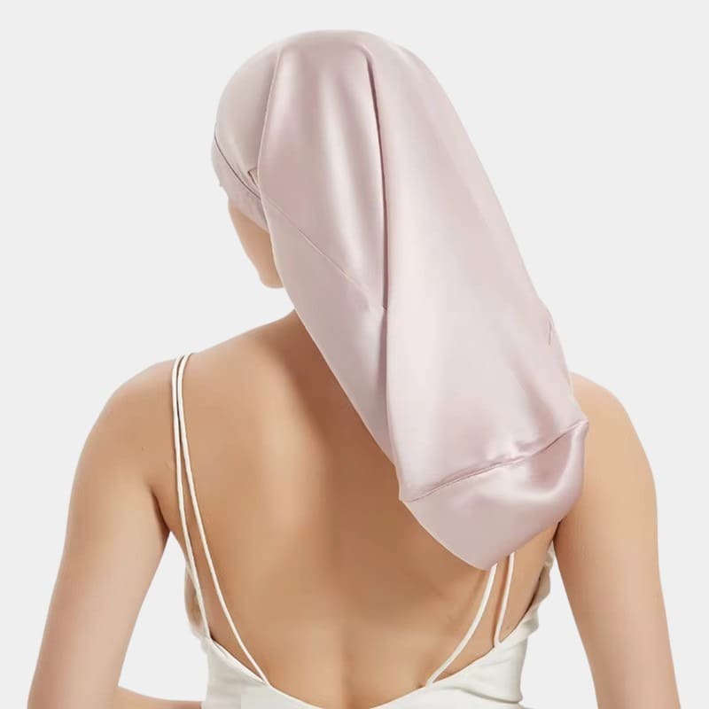Bonnet de nuit en soie long rose poudré