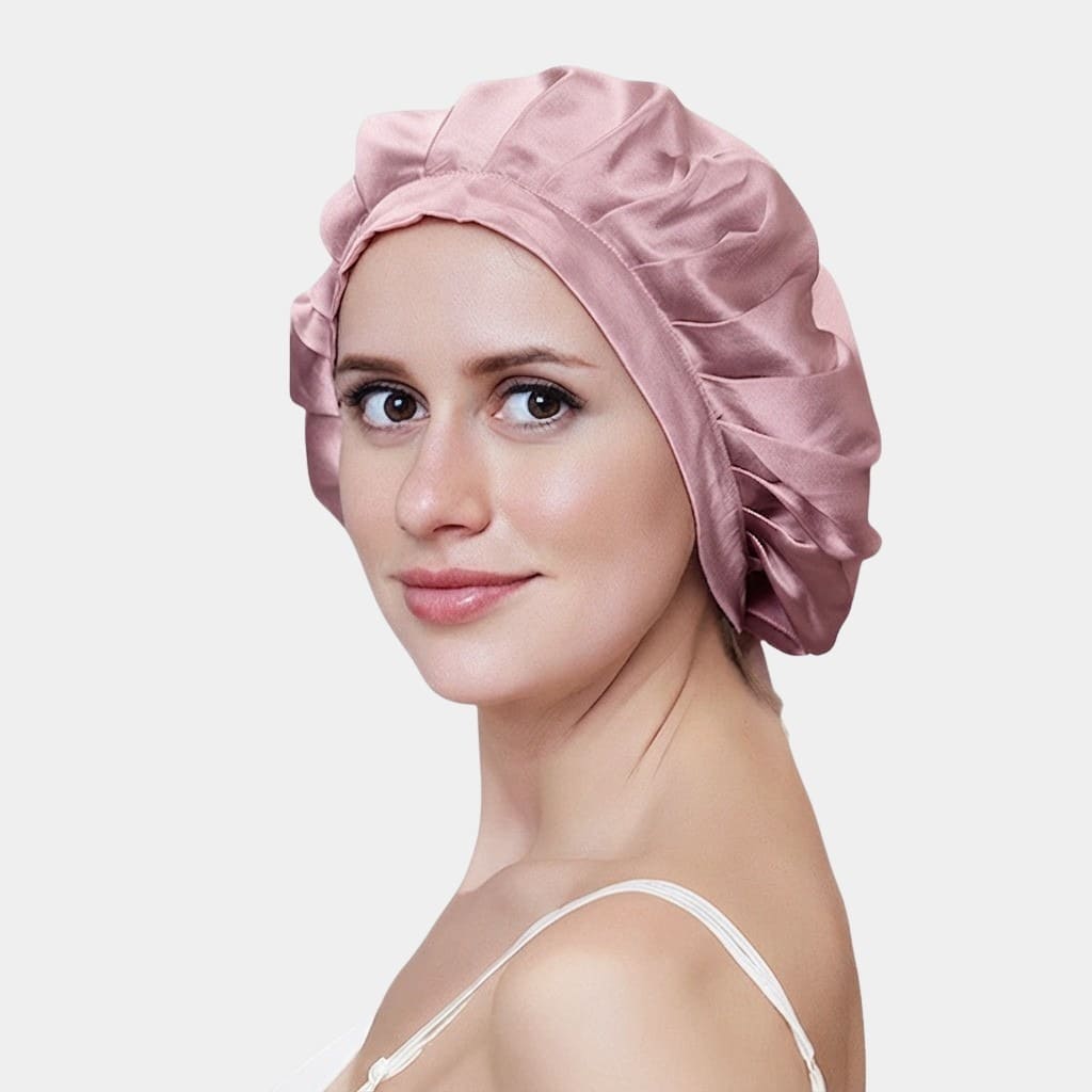 Bonnet de nuit en soie mauve rosé ajustable