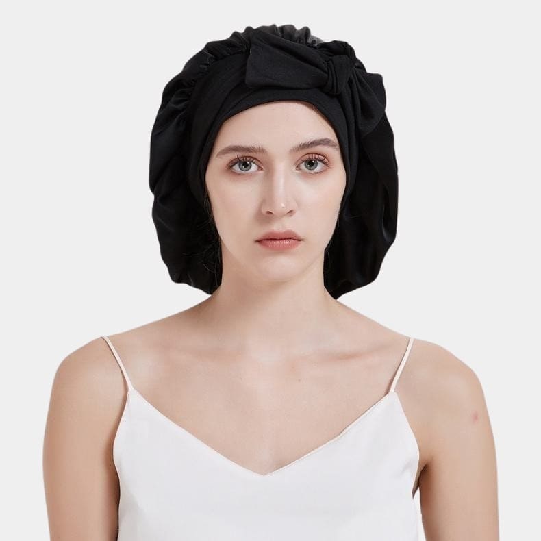 Bonnet de nuit en soie noir avec nœud