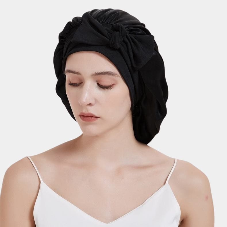 Bonnet de nuit en soie noir avec nœud