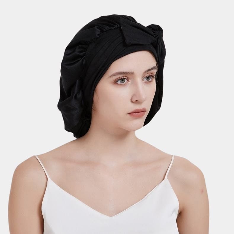 Bonnet de nuit en soie noir avec nœud