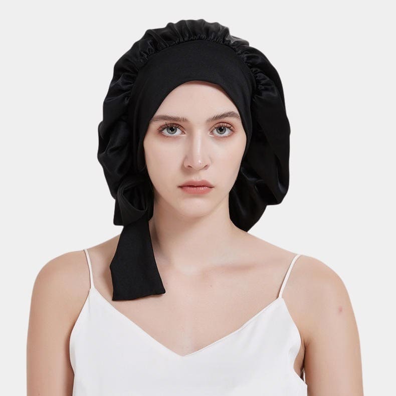 Bonnet de nuit en soie noir avec nœud