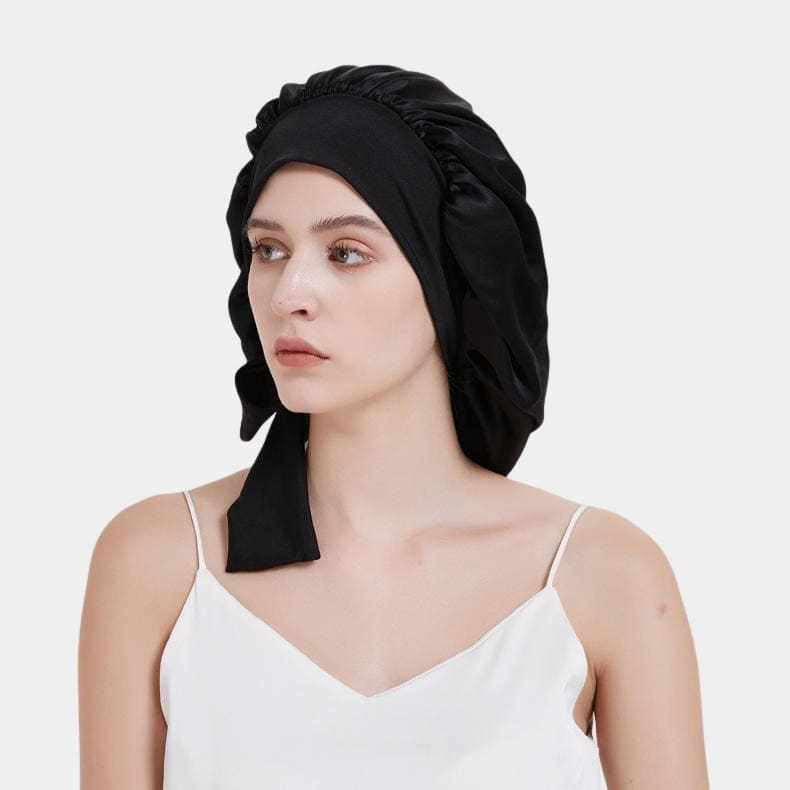 Bonnet de nuit en soie noir avec nœud