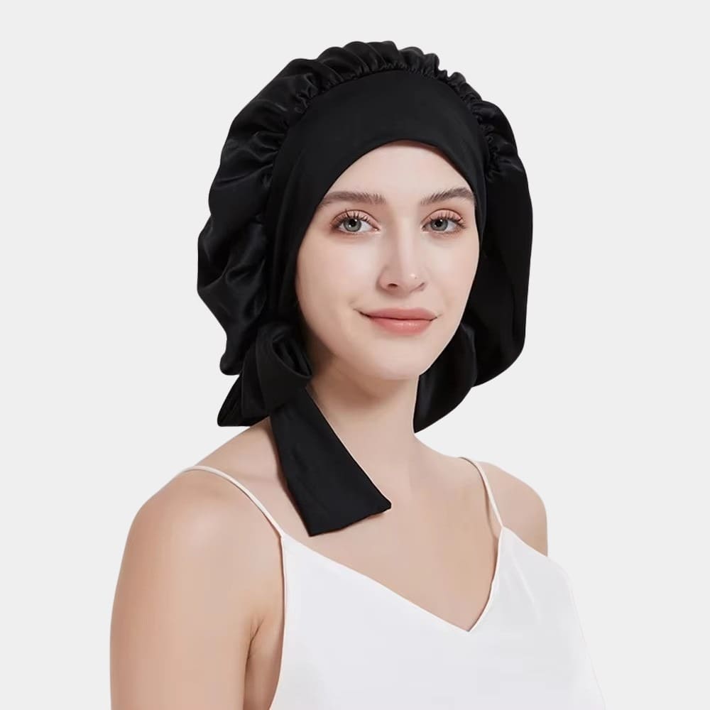Bonnet de nuit en soie noir avec nœud