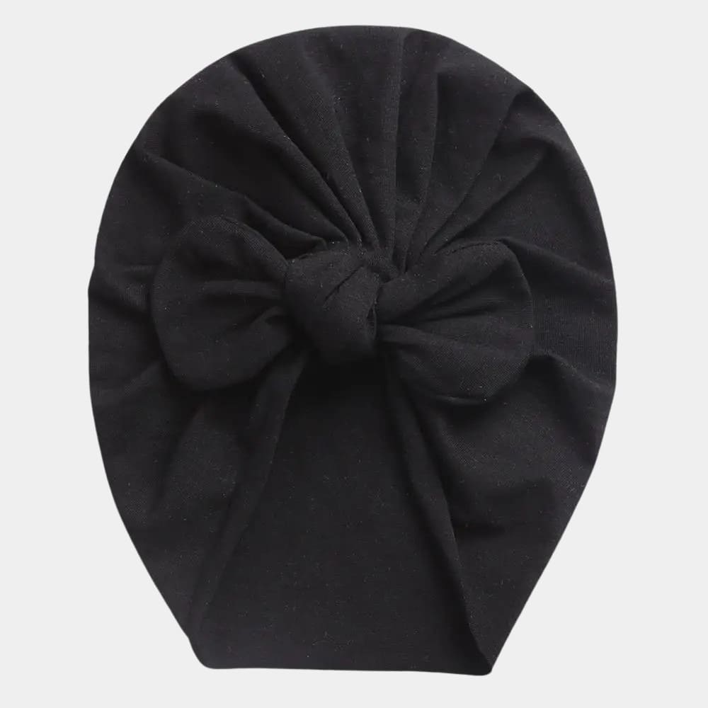 Turban bébé en coton noir avec nœud papillon