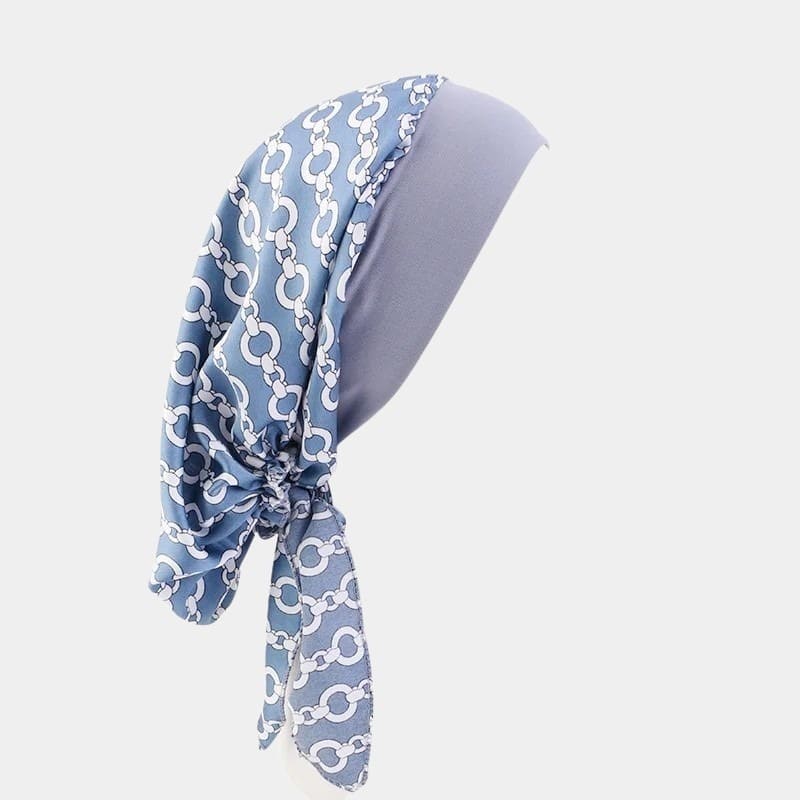 Turban foulard bleu à chaînes blanches