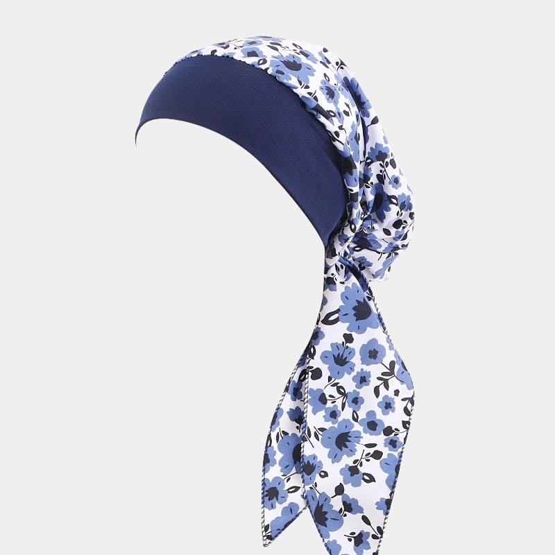 Turban foulard bleu à fleurs