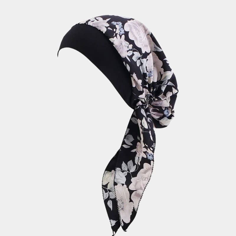 Turban foulard noir à fleurs