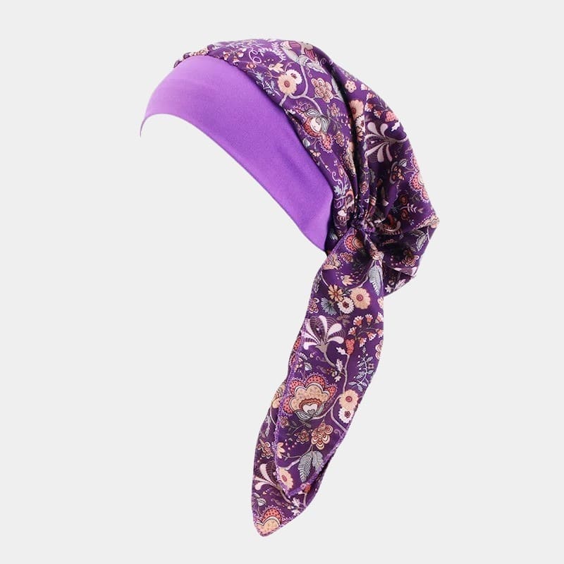 Turban foulard violet à fleurs